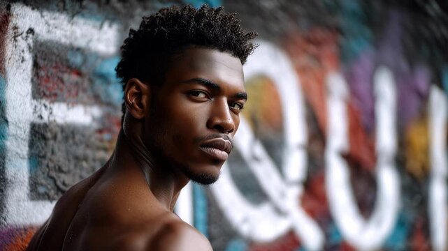 Afro-American man stands firm against racism, promoting unity, equality, and equity across all society, his gaze powerful beside graffiti word EQUAL, symbol of awareness, justice, and strength.