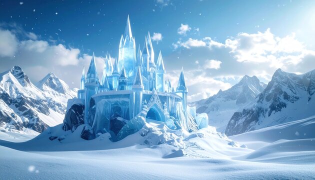 Majestic, luminous ice castle atop snow-covered mountain, under a sunlit winter sky