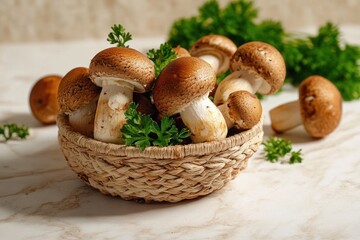 Fresh brown mushrooms placed in a woven basket with green parsley on a marble surface, creating a natural and healthy atmosphere
