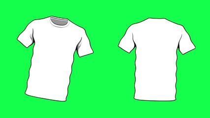 Front and back view of a blank white t-shirt on a vibrant green background, ready for custom design