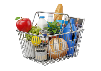 A wire shopping basket filled with fresh produce and groceries on transparent background