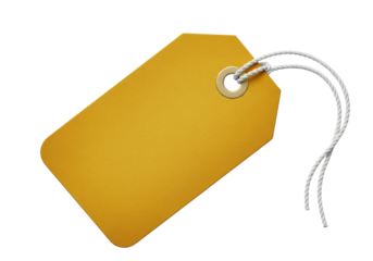 Yellow gift tag with white string isolated on transparent background