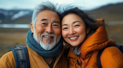 happy mature couple wearing warm jackets and scarves outdoors with a scenic nature background smiling warmly at the camera