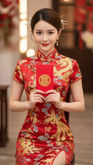 Obraz premium Smiling Chinese woman in traditional red Qipao holding a lucky red envelope, celebrating Lunar New Year or a wedding, elegant cultural portrait.