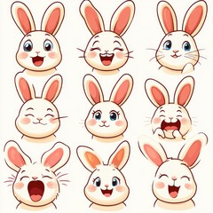 Set of nine cute cartoon bunny faces showing a variety of happy, laughing, and content expressions with large eyes and pink ears