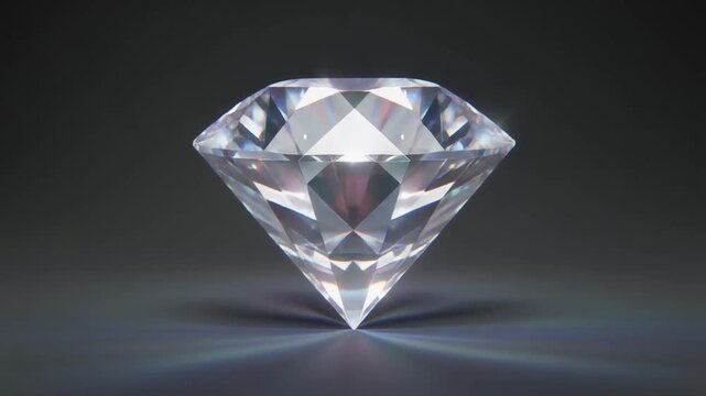 "Show a brilliant-cut diamond with symmetrical facets on a reflective surface against a dark gradient background."