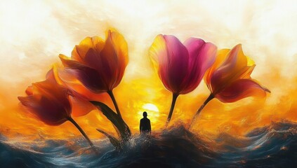 Silhouette of a person standing amidst large vibrant tulips with fiery orange and yellow sky and turbulent blue waves, evoking a surreal and dramatic mood