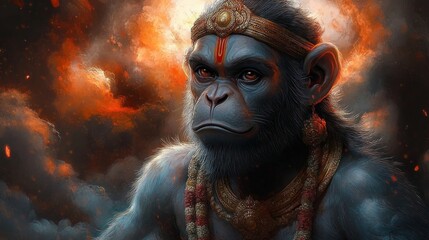Majestic ape with detailed facial features wearing regal golden jewelry and a decorative headpiece against a fiery, smoky background expressing solemnity and strength