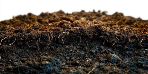 Close-up of soil layers showing rich dark earth with organic roots and small rocks, highlighting natural texture and depth