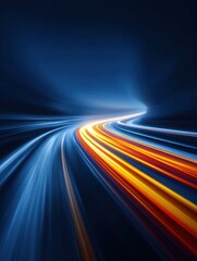 Motion's Electric Dance: Energetic streaks of light weave and twist, tracing the path of speed and progress against a sleek, futuristic backdrop. Capturing the feeling of rapid movement.