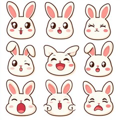 Fototapeta premium Set of nine cute cartoon bunny faces showing various emotional expressions including happiness, surprise, winking, excitement, and sadness
