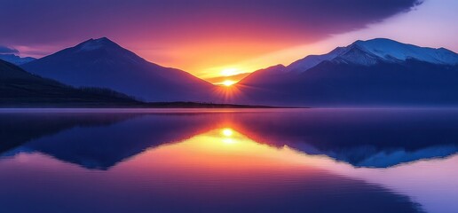 Serene sunset over calm lake with silhouetted mountains reflecting vibrant orange and purple sky creating peaceful and tranquil atmosphere