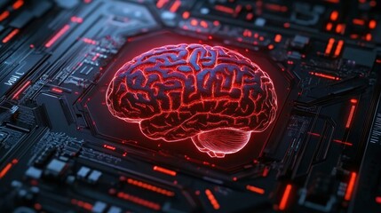 Futuristic digital brain hologram glowing red on a dark electronic circuit board representing artificial intelligence and neural networks