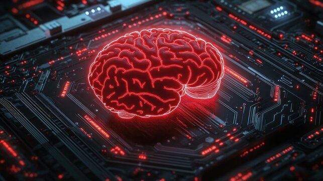 Glowing red digital brain hologram on a complex black circuit board representing artificial intelligence and advanced technology - Powered by Adobe