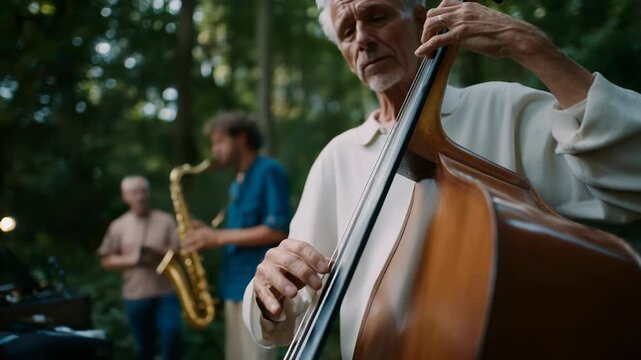 Jazz trio performing outdoors with double bass, saxophone, and percussion
