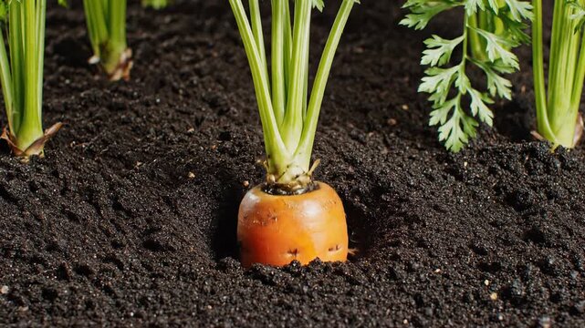 Time lapse of carrots growing from seed to harvest in rich dark soil