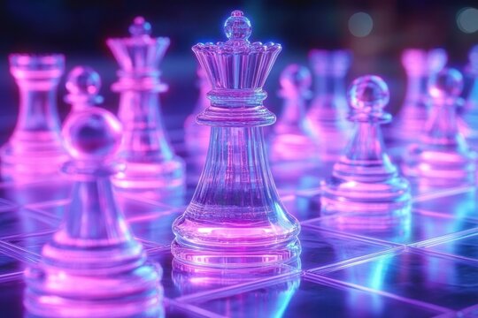 Close-up of transparent glass chess pieces on a reflective chessboard illuminated by vibrant pink and blue neon lights creating a futuristic and intense atmosphere - Powered by Adobe