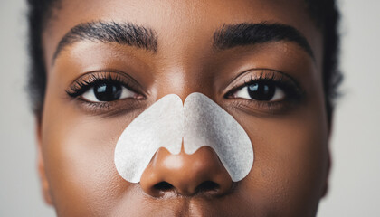 Woman using nose strip for blackhead removal in a beauty mockup scene