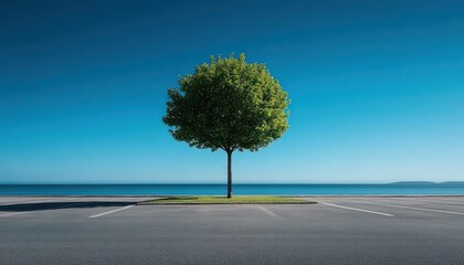 Solitary green tree on a small grass island in an empty parking lot with a clear blue sky and calm ocean in the background creating a peaceful and serene atmosphere