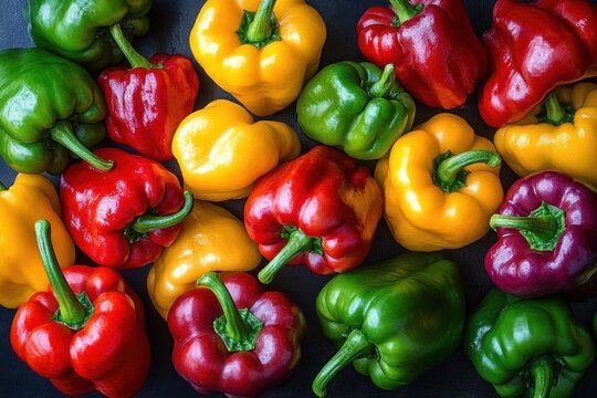 Vibrant assortment of red, yellow, green, and purple bell peppers closely arranged on a black surface, showcasing fresh and glossy textures