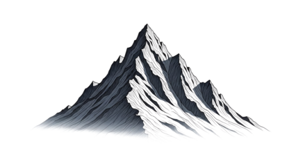 Detailed grayscale mountain peak with rugged texture and subtle gradient lighting, isolated on transparent background
