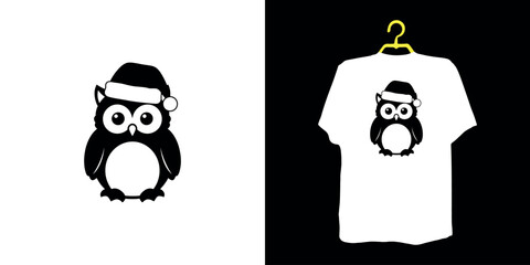 Black owl wearing Santa hat on white background and t-shirt