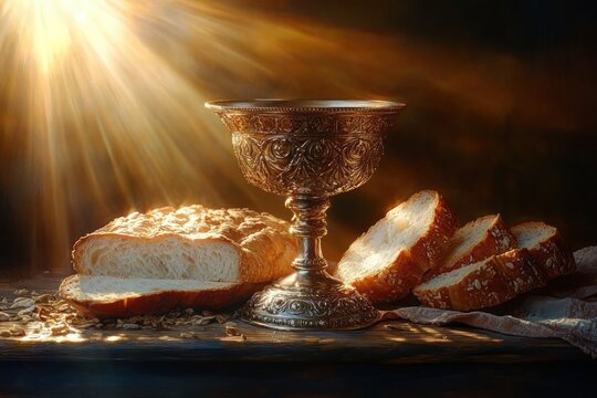 Ornate silver chalice illuminated by warm sunlight with freshly baked sliced bread on rustic wooden surface - Powered by Adobe
