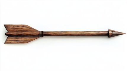 wooden arrow with carved fletching and pointed tip isolated on white background