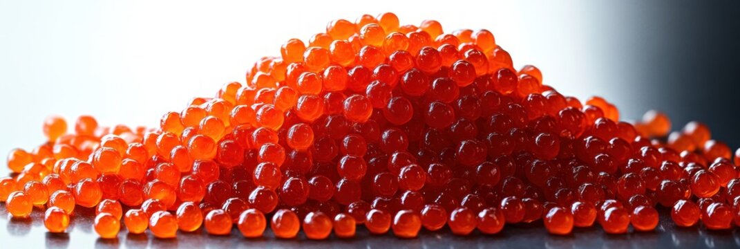 Close-up of bright orange translucent fish eggs piled together with shiny wet surface under soft lighting