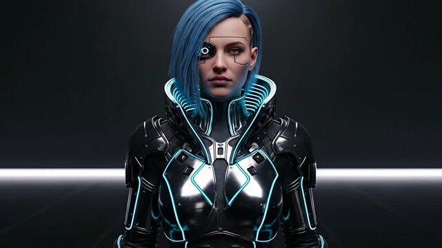 Cyberpunk Character Portrait - Futuristic Woman with Blue Hair and Cybernetic Enhancements.
