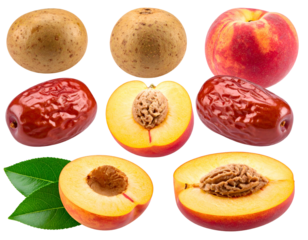 Fresh fruits whole and halved peaches, two longans, dried plums