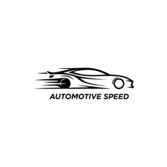 Stylized black and white vector outline of a fast sports car with motion lines, symbolizing speed and automotive power isolated on transparent background