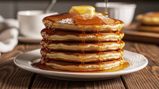 A tall stack of fluffy pancakes with butter and a drizzle of maple syrup on a white plate
