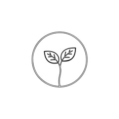 Simple black and white line art icon of a young plant with two leaves inside a circle, representing growth and nature. isolated on transparent background