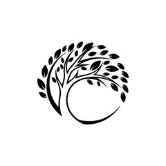 Stylized black tree with curved trunk and branches adorned with leaves, isolated on a white background. isolated on transparent background