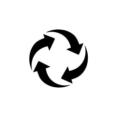 Four black arrows forming a circular refresh or recycle symbol on a clean white background, graphic icon. isolated on transparent background