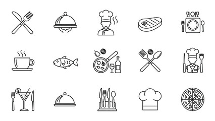 Fifteen black line icons representing restaurant and culinary services