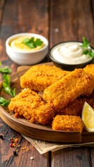 Fried golden fish sticks, lemon wedge, and dipping sauces on rustic wood