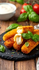Fried mozzarella sticks with basil and tomatoes served on slate plate, wooden surface