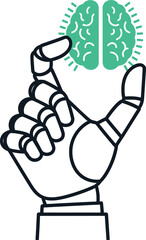 Robotic hand holding digital brain symbolizing artificial intelligence and futuristic technology innovation isolated on white background