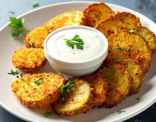 Fried pickle slices, breaded and served with creamy white dip on an off-white plate