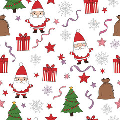 Seamless Christmas Pattern with Cute Santa Claus Gifts and Trees Vector.
