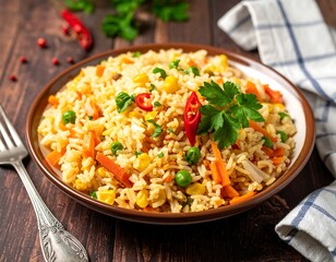 Fried rice with carrots, peas, corn, and peppers, garnished with parsley, on dark wood