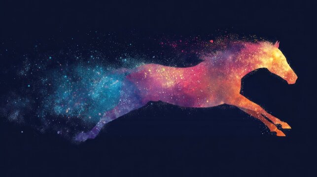 Silhouette of a horse in mid-leap, filled with vibrant cosmic colours