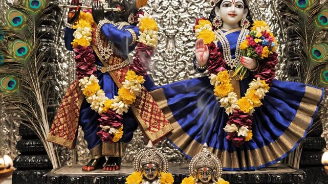A spiritual close-up shot captures the beautifully adorned statues of lord krishna and radha, inside a hindu temple shrine, surrounded by peacock feathers.