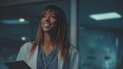 Obraz premium A female doctor in a white coat speaks with a patient in a modern hospital corridor showing a calm professional medical setting.