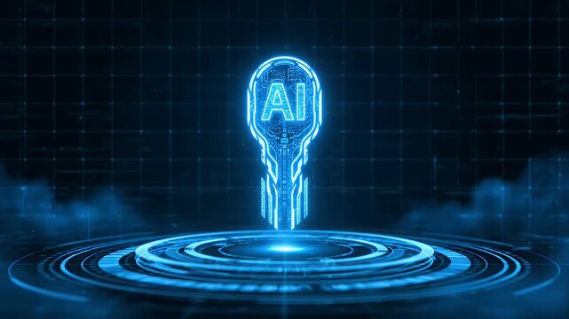 Glowing blue key with AI letters symbolizes artificial intelligence