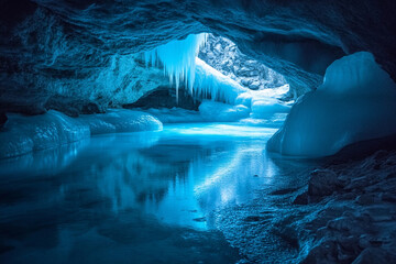 hidden underground ice cave with frozen lake reflecting glowing blue light