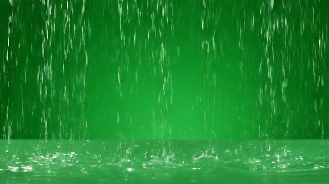 Streams of falling water creating splashes and ripples against a green backdrop