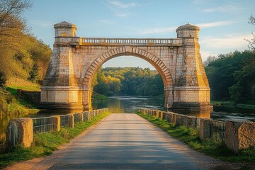 Fototapeta premium Historic stone arch bridge over calm river in a serene forested landscape under clear blue sky at golden hour